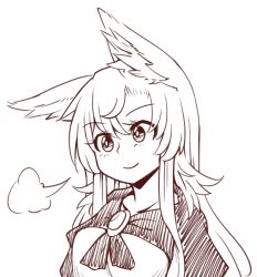 Rule 34 | 1girl, animal ear fluff, animal ears, brooch, commentary, dress, hair between eyes, imaizumi kagerou, jewelry, long hair, monochrome, sidelocks, simple background, smile, solo, touhou, upper body, white background, wolf ears, wool (miwol)
