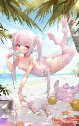 Rule 34 | 1girl, ahoge, ass, beach, breasts, character request, crab, food, fruit, hammock, highres, ice cream, long hair, looking at viewer, no shoes, one-piece swimsuit, palm tree, patrick star, primogem, sand, sandals, shebaotower, socks, solo, swimsuit, tree, twintails, watermelon, white hair, white one-piece swimsuit, white socks