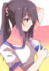 Rule 34 | 1girl, arm up, blush, bottle, breasts, brown eyes, brown hair, closed mouth, enelis, fingernails, gym shirt, hair between eyes, hand up, holding, holding bottle, long hair, original, ponytail, profile, shirt, short sleeves, sidelocks, small breasts, solo, water bottle, white shirt