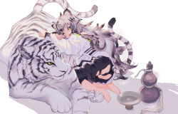 Rule 34 | 1girl, animal, animal ears, ass cutout, black pants, clothing cutout, copyright request, fangs, gourd, green eyes, grey hair, long hair, long sleeves, multicolored hair, open mouth, pants, short eyebrows, simple background, slit pupils, solo, streaked hair, sweater, tail, thick eyebrows, tiger, tiger ears, tiger girl, tiger tail, white background, white hair, white sweater, white tiger, yoo (tabi no shiori)
