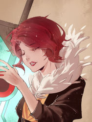 Rule 34 | 1girl, brown background, brown jacket, closed eyes, feather trim, holding, holding weapon, huge weapon, jacket, red (transistor), red hair, red lips, short hair, solo, sword, transistor (game), weapon, xian che