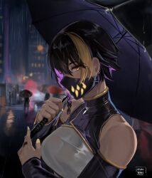 Rule 34 | 1girl, artist name, bare shoulders, blonde hair, braid, colored inner hair, detached sleeves, earrings, highres, holding, holding umbrella, hunyan, jewelry, looking at viewer, mask, mouth mask, multicolored hair, night, night sky, original, outdoors, rain, sky, solo focus, streaked hair, umbrella, upper body, yellow eyes