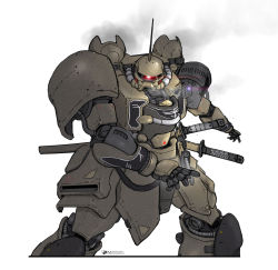 Rule 34 | commentary, english commentary, fighting stance, gundam, highres, insignia, katana, looking at viewer, machinery, mecha, mobile suit, mobile suit gundam, nomansnodead, one-eyed, original, red eyes, redesign, robot, science fiction, sketch, solo, sword, thrusters, upper body, weapon, zaku, zaku ii, zeon