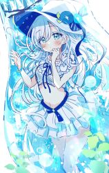 Rule 34 | 1girl, blue eyes, blush, closed mouth, commentary request, hair between eyes, hands up, hat, highres, in container, layered skirt, long hair, looking at viewer, navel, original, parted bangs, pleated skirt, ramune, sakura oriko, skirt, solo, standing, sun hat, tears, unfinished, very long hair, water drop, white hair, white hat, white skirt