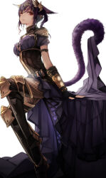 Rule 34 | 1girl, animal ears, armor, breasts, cat ears, commission, final fantasy, final fantasy xiv, fingerless gloves, fishnets, gauntlets, gloves, highres, looking at viewer, medium breasts, milaria, original, parted lips, red eyes, shoulder armor, solo, tablecloth, tail, warrior of light (ff14)