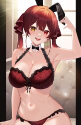 Rule 34 | 1girl, animal ears, arm support, arm up, armpits, bare arms, bare shoulders, black bow, black bowtie, bow, bowtie, bra, breasts, commentary request, detached collar, fake animal ears, frilled bra, frilled panties, frills, hair ribbon, heterochromia, highres, hinaki (aoi0410616), hololive, houshou marine, indoors, large breasts, light rays, long hair, looking at viewer, navel, open mouth, outside border, panties, pillarboxed, rabbit ears, red bra, red eyes, red hair, red panties, red ribbon, ribbon, sitting, smile, solo, stomach, sunbeam, sunlight, tail, teeth, tongue, twintails, underwear, underwear only, virtual youtuber, window, yellow eyes