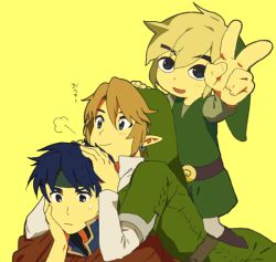 Rule 34 | 3boys, blonde hair, blue eyes, blue hair, chin rest, crossover, earrings, fire emblem, fire emblem: path of radiance, hat, head on head, head rest, headband, hug, hug from behind, ike (fire emblem), jewelry, link, male focus, multiple boys, nintendo, pointy ears, simple background, smile, super smash bros., the legend of zelda, toon link, uichi, v, yellow background
