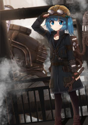 Rule 34 | 1girl, absurdres, black pantyhose, blue eyes, blue hair, boots, brown footwear, caibao return, closed mouth, goggles, goggles on headwear, hair bobbles, hair ornament, helmet, highres, kawashiro nitori, looking at viewer, pantyhose, short hair, short twintails, smile, solo, steampunk, touhou, twintails