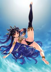 Rule 34 | 1girl, anklet, armlet, ass, asymmetrical legwear, asymmetrical sleeves, bikini, black bikini, black hair, blue sky, breasts, detached collar, detached sleeves, earrings, fate/grand order, fate (series), feet, flying kick, highres, hoop earrings, ishtar (fate), jewelry, kicking, leg up, legs, long hair, looking at viewer, matsuryuu, neck ring, parted bangs, red eyes, single detached sleeve, single thighhigh, sky, smile, solo, swimsuit, thighhighs, tiara, toeless legwear, two side up, uneven legwear, uneven sleeves, white bikini
