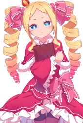 Rule 34 | 1girl, beatrice (re:zero), blonde hair, blue eyes, book, butterfly-shaped pupils, dress, drill hair, expressionless, hair ornament, hair ribbon, highres, looking at viewer, pantyhose, re:zero kara hajimeru isekai seikatsu, red dress, ribbon, sidelocks, simple background, solo, striped clothes, striped pantyhose, symbol-shaped pupils, tetolapis, twin drills, white background