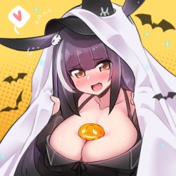 Rule 34 | 1girl, alternate breast size, arknights, bat (animal), bed sheet, black hat, black jacket, blush, breasts, cleavage, collarbone, commentary, ditienan ddn, ears through headwear, flying sweatdrops, gradient hair, hair ornament, halloween, halloween costume, hat, heart, jack-o&#039;-lantern, jacket, large breasts, long hair, looking at viewer, multicolored hair, official alternate costume, open mouth, orange eyes, purple hair, rope (arknights), rope (imp&#039;s house) (arknights), skull hair ornament, solo, upper body, white hair, yellow neckwear