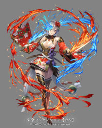 Rule 34 | 1girl, bare shoulders, breasts, character request, cleavage, closed mouth, cuboon, detached collar, detached sleeves, dual wielding, fire, flower, grey background, hair between eyes, hair flower, hair ornament, heterochromia, highres, holding, holding sword, holding weapon, japanese clothes, katana, kimono, large breasts, multicolored eyes, official art, pink lips, short hair, short kimono, silver hair, solo, sword, thighhighs, thighs, tokyo conception, watermark, weapon, wide sleeves