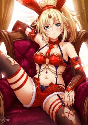 Rule 34 | 1girl, animal ears, arm rest, bandeau, blonde hair, breasts, bridal gauntlets, chain, chair, collarbone, detached collar, detached sleeves, earrings, fake animal ears, fate/grand order, fate (series), garter straps, gem, gold, gold trim, green eyes, hair ornament, highres, jewelry, knee up, long hair, looking at viewer, medium breasts, mordred (fate), mordred (fate/apocrypha), nail polish, navel, necktie, o-ring, o-ring top, open fly, parted bangs, ponytail, rabbit ears, red gemstone, red nails, red necktie, red shorts, red thighhighs, sakiyamama, short shorts, shorts, sidelocks, signature, skindentation, sleeve cuffs, solo, spread legs, stomach, thigh strap, thighhighs
