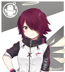 Rule 34 | 1girl, arknights, blush, brown eyes, clothes writing, commentary, detached wings, english commentary, english text, exusiai (arknights), grey background, grin, hair over one eye, halo, hand on own hip, high collar, jacket, kaxukin, looking at viewer, purple hair, short sleeves, smile, solo, standing, twitter username, two-tone background, upper body, white background, white jacket, white wings, wings