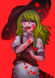 Rule 34 | 1girl, = =, apron, black hat, black skirt, black vest, blonde hair, blood, blood on clothes, blood on face, blood on hands, bow, braid, closed eyes, commentary request, cookie (touhou), cowboy shot, flat chest, frilled apron, frills, hair bow, hat, holding, holding knife, kirisame marisa, knife, licking, licking blade, licking weapon, long bangs, long hair, open mouth, puffy short sleeves, puffy sleeves, red background, red bow, shirt, short sleeves, side braid, simple background, single braid, skirt, skirt set, smile, solo, star (symbol), suzu (cookie), touhou, turtleneck, uwanoagoto, vest, waist apron, weapon, white apron, white shirt, witch hat