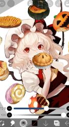 Rule 34 | 1girl, blonde hair, cake, candy, collared shirt, flandre scarlet, food, frilled hat, frilled shirt, frilled shirt collar, frills, hair between eyes, halloween, hand on own chest, hat, hat ribbon, highres, long hair, looking at viewer, mochacot, neckerchief, photo editing, pie, ponytail, puffy short sleeves, puffy sleeves, red eyes, red ribbon, red vest, ribbon, shirt, short sleeves, side ponytail, slit pupils, touhou, vampire, vest, white headwear, white shirt, wings, yellow neckerchief