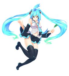 Rule 34 | 1girl, aqua hair, blue eyes, boots, detached sleeves, full body, hatsune miku, headset, long hair, mochimochi omochi, navel, necktie, skirt, solo, spring onion, thigh boots, thighhighs, transparent background, twintails, vocaloid, white background