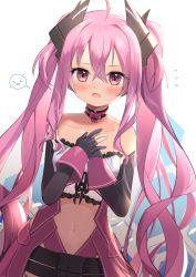 Rule 34 | :o, ahoge, bare shoulders, belly, black gloves, blush, breasts, bustier, collar, collarbone, dress, elbow gloves, fang, flying sweatdrops, frills, gloves, goma (u p), grace (sound voltex), hair between eyes, hair ornament, half gloves, hands on own chest, highres, long hair, navel, off-shoulder dress, off shoulder, open mouth, own hands together, pink eyes, pink hair, sidelocks, small breasts, sound voltex, sweatdrop, twintails, very long hair