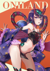 Rule 34 | 1girl, bare shoulders, black legwear, blush, breasts, chinese clothes, collarbone, dudou, earrings, eyeliner, fate/grand order, fate (series), forehead jewel, fundoshi, headpiece, heart, highres, hip focus, horns, japanese clothes, jewelry, kakumayu, looking at viewer, low twintails, makeup, navel, oni, open mouth, pelvic curtain, purple eyes, purple hair, rope, sash, short eyebrows, short hair, short twintails, shuten douji (fate), shuten douji (fate/grand order), shuten douji (halloween caster) (fate), skin-covered horns, small breasts, smile, solo, star (symbol), star print, thighs, twintails