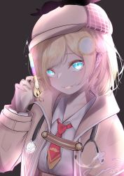 Rule 34 | 1girl, black background, blonde hair, blue eyes, commentary, english commentary, glowing, glowing eyes, highres, holding, holding syringe, hololive, hololive english, looking at viewer, necktie, red necktie, short necktie, smirk, solo, stethoscope, syringe, urotare, virtual youtuber, watson amelia, watson amelia (1st costume)