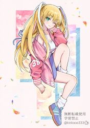 1girl ;) alternate_costume blonde_hair blue_footwear blue_skirt blush breasts bright_pupils casual cleavage closed_mouth commentary from_side full_body green_eyes hair_between_eyes hair_ribbon hand_up happy highres jacket knee_up large_breasts little_busters! long_hair long_ribbon long_sleeves looking_at_viewer low-tied_long_hair one_eye_closed open_clothes open_jacket pencil_skirt pink_jacket piyo_(kinkooo333) puffy_long_sleeves puffy_sleeves ribbon shirt shoes simple_background single_bare_shoulder sitting skirt smile sneakers solo tokido_saya twitter_username two_side_up very_long_hair white_ribbon white_shirt