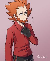 Rule 34 | 1boy, beard, black gloves, blue eyes, chacha (ss 5087), collared shirt, commentary request, creatures (company), facial hair, fingerless gloves, game freak, gloves, hand up, long sleeves, lysandre (pokemon), male focus, nintendo, orange hair, pants, parted lips, pokemon, pokemon xy, red shirt, shirt, shirt tug, solo, spiked hair, team flare, translation request