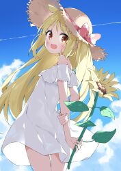 Rule 34 | 1girl, :d, arm grab, arms behind back, bare shoulders, blonde hair, blue sky, bocchi the rock!, bow, brown hat, cloud, commentary request, day, dress, flower, from side, hat, hat bow, highres, holding, holding flower, ijichi nijika, long hair, looking at viewer, looking to the side, off-shoulder dress, off shoulder, open mouth, outdoors, pink bow, polka dot, polka dot bow, red eyes, sky, smile, solo, straw hat, sunflower, suta0822, very long hair, white dress