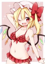 Rule 34 | 1girl, ;d, arm behind head, arm up, bare arms, bare shoulders, bikini, blonde hair, blush, border, bow, breasts, brown background, cleavage, collarbone, commentary request, cowboy shot, crystal, fang, flandre scarlet, frilled bikini, frills, front-tie bikini top, front-tie top, groin, hair between eyes, hat, hat bow, highres, long hair, looking at viewer, mob cap, navel, one eye closed, one side up, open mouth, outside border, red bikini, red bow, red eyes, side-tie bikini bottom, simple background, small breasts, smile, solo, sparkle, standing, stomach, suwa yasai, swimsuit, touhou, white border, white hat, wings, wristband
