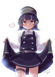 Rule 34 | 1girl, absurdres, arare (kancolle), arare kai ni (kancolle), black dress, black hair, blush, brown eyes, closed mouth, commentary request, dated, dress, fyuo, hat, heart, highres, implied vibrator, kantai collection, lifting own clothes, long sleeves, looking at viewer, pinafore dress, pussy juice, sex toy, shirt, signature, simple background, sleeveless dress, solo, spoken heart, thigh strap, trembling, vibrator, vibrator in thigh strap, white background, white shirt