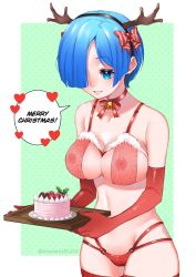 Rule 34 | 1girl, antlers, artist name, bare shoulders, bell, blue eyes, blue hair, bow, bra, breasts, cake, cleavage, commentary request, elbow gloves, english text, food, fruit, gloves, hair bow, holding, holding plate, horns, large breasts, nipples, panties, plate, re:zero kara hajimeru isekai seikatsu, red bow, red bra, red gloves, red neckwear, red panties, reindeer antlers, rem (re:zero), ribbon, see-through, short hair, smile, solo, strawberry, striped, striped bow, tabby chan, underwear, white bow