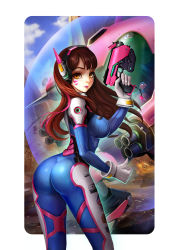 Rule 34 | 1girl, absurdres, alternate breast size, arm cannon, armor, ass, blue bodysuit, blue sky, bodysuit, boots, bracer, breasts, brown eyes, brown hair, charm (object), closed mouth, cloud, cloudy sky, cowboy shot, d.va (overwatch), day, debris, emblem, eyelashes, facepaint, facial mark, finger on trigger, fire, from behind, gatling gun, gloves, gun, hand up, headgear, headphones, highres, holding, holding gun, holding weapon, huge ass, large breasts, le (huanglongen), legs apart, lipstick, logo, long hair, long sleeves, looking back, makeup, mecha, meka (overwatch), nose, overwatch, overwatch 1, pauldrons, pilot suit, pink lips, purple lips, ribbed bodysuit, robot, shards, shoulder armor, shoulder pads, skin tight, skindentation, sky, solo, standing, thigh boots, thigh strap, thighhighs, thumbs up, turtleneck, weapon, whisker markings, white footwear, white gloves, white thighhighs