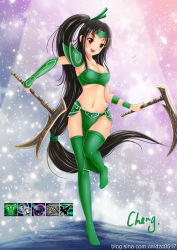 Rule 34 | 1girl, :d, absurdres, akali, akali (legacy), armor, bikini armor, black hair, blush, bracer, breasts, brown eyes, cheng, cleavage, dual wielding, hair ribbon, high ponytail, highres, holding, kama (weapon), league of legends, loincloth, long hair, open mouth, ponytail, ribbon, sickle, smile, thighhighs, very long hair, weapon