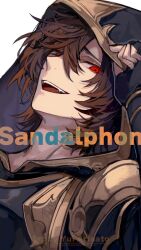 Rule 34 | 1boy, adjusting clothes, ahoge, arisato yui, armor, artist name, bishounen, brown hair, commentary, empty eyes, english text, evil grin, evil smile, fangs, fingerless gloves, gloves, gold trim, granblue fantasy, grin, hair between eyes, highres, hood, hood up, looking at viewer, male focus, red eyes, sandalphon (granblue fantasy), short hair, shoulder armor, smile, symbol-only commentary, white background