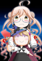 Rule 34 | 10s, 2girls, ahoge, antennae, arrow (symbol), bad id, bad pixiv id, blouse, blush, bow, collared shirt, frown, glasses, gonzarez (pinpon dash), hands in opposite sleeves, hat, holding, kantai collection, long hair, looking at viewer, majokko (kancolle), makigumo (kancolle), mini hat, mini witch hat, multiple girls, pink hair, red skirt, shaded face, shirt, sign, skirt, sleeves past wrists, sweat, tears, twintails, vest, witch hat, wizard hat, yellow eyes