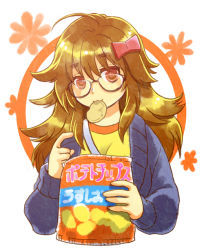 Rule 34 | 10s, 1girl, :3, bow, brown eyes, brown hair, chips (food), fate/extra, fate/extra ccc, fate (series), food, glasses, hair bow, jinako carigiri, long hair, messy hair, mgk968, potato chips, solo, sweater