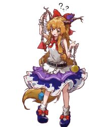 Rule 34 | 1girl, ?, blue footwear, blush, bow, chain, commentary, cube, cuffs, footwear bow, full body, hair bow, highres, horn ornament, horn ribbon, horns, ibuki suika, long hair, myui17901139, oni horns, open mouth, orange hair, pyramid (geometry), red bow, ribbon, shackles, shoes, simple background, skirt, solo, touhou, very long hair, white background