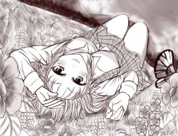Rule 34 | 1girl, bad id, bad pixiv id, bare legs, bird, blush, breasts, bug, butterfly, cloud, collared shirt, flower, grass, greyscale, highres, insect, kazami yuuka, lipstick, long sleeves, lying, makeup, monochrome, mountain, on grass, open clothes, open vest, plaid, plaid skirt, plaid vest, shirt, sketch, skirt, smile, touhou, tree, upside-down, vest, wendell, wrist cuffs