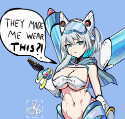 Rule 34 | 1girl, alternate costume, android, annoyed, breasts, cleavage, highres, ico (megaman x dive), klopsiak, mega man (series), mega man x (series), mega man x dive, robot girl, swimsuit