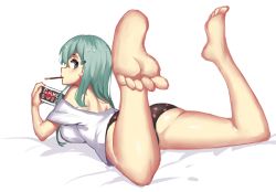 Rule 34 | 10s, 1girl, aqua hair, ass, back, bad id, bad pixiv id, bare shoulders, barefoot, blue eyes, breasts, feet, food, food in mouth, full body, handheld game console, kantai collection, large breasts, long hair, looking at viewer, looking back, lying, off shoulder, on stomach, panties, playstation portable, pocky, polka dot, polka dot panties, soles, solo, suzuya (kancolle), underwear, wulazula