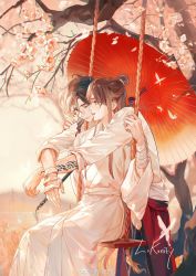 Rule 34 | bandaged arm, bandaged hand, bandages, bishounen, black hair, blinking, blurry, braid, bug, butterfly, cherry blossoms, chinese clothes, couple, depth of field, hair bun, highres, holding, holding umbrella, hua cheng, hug, insect, juzixiong01891, long hair, long sleeves, looking at another, male focus, outdoors, profile, sidelocks, single hair bun, sitting, swing, tattoo, tianguan cifu, umbrella, very long hair, white butterfly, wide sleeves, xie lian, yaoi