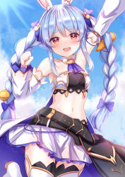 1girl :d animal_ears arm_up ascot bare_shoulders blue_ascot blue_bow blue_hair blush boots bow braid cape carrot_hair_ornament commentary_request crop_top detached_collar detached_sleeves food-themed_hair_ornament hair_bow hair_ornament highres hololive long_hair long_sleeves looking_at_viewer midriff multicolored_hair navel open_mouth rabbit-shaped_pupils rabbit_ears rabbit_hair_ornament red_eyes short_eyebrows skirt smile solo symbol-shaped_pupils thick_eyebrows thigh_boots thighhighs twin_braids twintails two-tone_hair usada_pekora virtual_youtuber white_cape white_footwear white_skirt white_thighhighs yuano