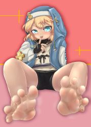 Rule 34 | 1boy, absurdres, artist request, barefoot, bike shorts, blonde hair, blue eyes, blush, bridget (guilty gear), feet, fingerless gloves, gloves, guilty gear, guilty gear strive, highres, looking at viewer, male focus, medium hair, pink background, shorts, smile, soles, solo, toes, tongue, tongue out, trap