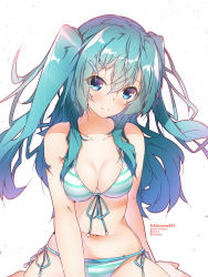 Rule 34 | 1girl, artist name, barefoot, bikini, blue eyes, blue hair, blue ribbon, blush, breasts, cleavage, closed mouth, collarbone, floating hair, front-tie bikini top, front-tie top, hair between eyes, hair ornament, hairclip, halkawa501, hatsune miku, highres, long hair, looking at viewer, medium breasts, navel, ribbon, side-tie bikini bottom, simple background, sitting, sketch, smile, solo, string bikini, striped bikini, striped clothes, swimsuit, twintails, very long hair, vocaloid, wariza, watermark, white background
