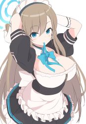 Rule 34 | 1girl, adjusting hair, apron, arms up, asuna (blue archive), black skirt, blue archive, blue bow, blue bowtie, blue eyes, blush, bow, bowtie, bowtie in mouth, breasts, cleavage, elbow gloves, frilled apron, frills, gloves, halo, highres, large breasts, light brown hair, long hair, looking at viewer, maid, maid headdress, memoi, mole, mole on breast, pleated skirt, simple background, skirt, solo, swept bangs, upper body, waist apron, white apron, white background, white gloves