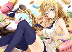 Rule 34 | 1girl, bare shoulders, blonde hair, blue eyes, braid, collared shirt, colored eyelashes, commentary request, cookie, cup, denim, denim shorts, eating, fate/apocrypha, fate/grand order, fate (series), floating hair, food, food background, from side, jeanne d&#039;arc (fate), jeanne d&#039;arc (girl from orleans) (fate), jeanne d&#039;arc (ruler) (fate), kakao rantan, long braid, long hair, looking at viewer, shirt, shorts, single braid, sitting, sleeveless, sleeveless shirt, solo, spilling, teacup, thighhighs, thighs, very long hair, white shirt