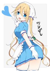 Rule 34 | 1boy, 1girl, :d, akizuki kouyou, apron, arm behind back, arm up, blend s, blonde hair, blue eyes, blue shirt, blue skirt, blush, breasts, commentary request, covering ass, covering privates, gloves, green hair, hair between eyes, happy, head scarf, heart, highres, hinata kaho, ibo (tototoii), large breasts, long hair, looking at viewer, looking back, open mouth, puffy sleeves, shirt, short hair, short sleeves, skirt, smile, solo focus, standing, teeth, thighhighs, thighs, translation request, twintails, upper teeth only, v, very long hair, waist apron, waitress, white gloves, zettai ryouiki