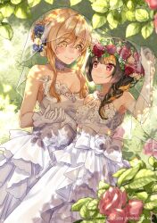 Rule 34 | 2girls, black hair, blonde hair, blue flower, blue rose, braid, breasts, bridal veil, cleavage, closed mouth, collarbone, day, dress, elbow gloves, female focus, flower, gloves, hair flower, hair ornament, highres, holding hands, large breasts, leaf, long hair, looking at another, multicolored hair, multiple girls, original, outdoors, pink eyes, pink flower, pink rose, red flower, red rose, rose, shio kouji (shiokojii), single braid, sleeveless, sleeveless dress, smile, strapless, strapless dress, streaked hair, veil, wedding dress, white dress, white gloves, wife and wife, yuri
