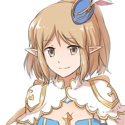 Rule 34 | 1girl, arch bishop (ragnarok online), bicorne, blue dress, blue hat, breasts, brown eyes, brown hair, cleavage, cleavage cutout, closed mouth, clothing cutout, commentary request, dress, feathers, frilled dress, frills, hat, hat feather, high ponytail, looking at viewer, medium breasts, natsuya (kuttuki), official alternate costume, pointy ears, ragnarok online, short hair, simple background, smile, solo, two-tone dress, upper body, white background, white dress, white feathers