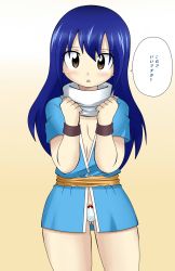 Rule 34 | 1girl, blue hair, breasts, brown eyes, dmayaichi, fairy tail, fairy tail: h quest, highres, japanese text, looking at viewer, my blue demon, naked shirt, no bra, original, panties, shirt, simple background, small breasts, solo, standing, underwear, wendy marvell, white panties