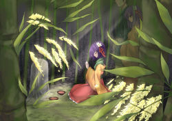 Rule 34 | 1boy, 2girls, bamboo, bamboo forest, black hair, closed eyes, flower, forest, ghost, grave, hair flower, hair ornament, hieda no akyuu, highres, husband and wife, japanese clothes, kimono, ko kita, multiple girls, nature, own hands together, praying, purple eyes, purple hair, touhou, wide sleeves